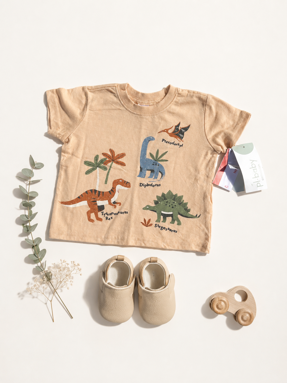 تیشرت پسرانه ،برند PL.Baby.رنگ بژ،طرح دایناسور، نخ پنبه،کد.  001